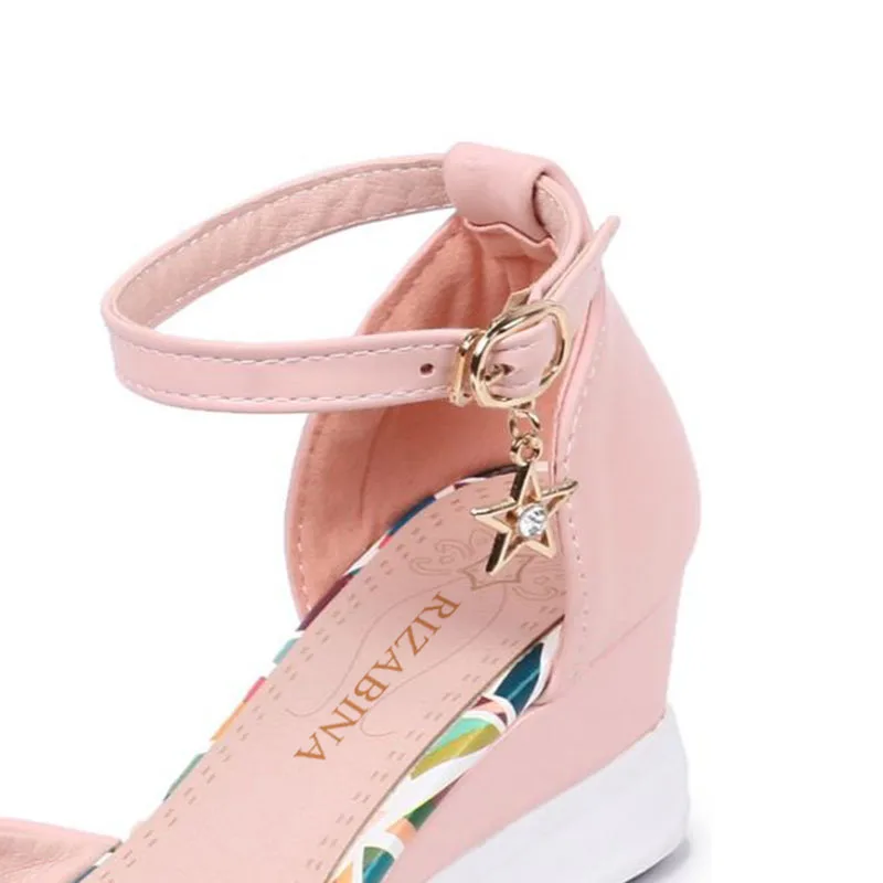 RizaBina Office Lady Wedges Sandals Ankle Strap Pointed Tie Solid Color Wedges Sandals Summer Vacation Women Shoes Size 33-40