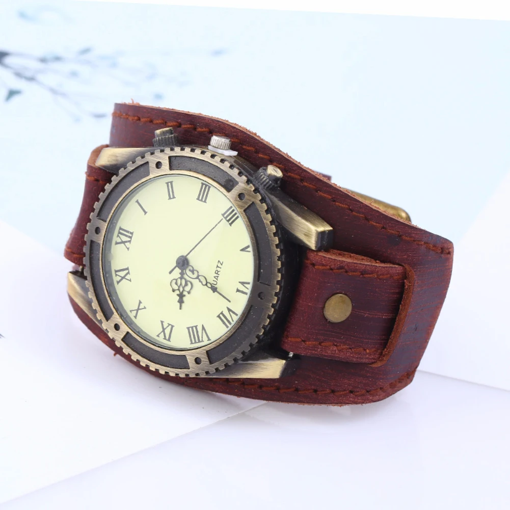 Vintage Roman Numerals Gear Faux Leather Band Men Wrist Bracelet Quartz Watch jam tangan pria zegarki meskie