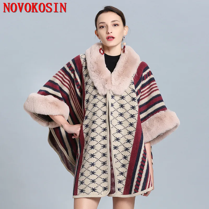 9 Colors Winter Warm Plus Size Bat Sleeves Striped Loose Poncho Capes Print Short Faux Fur Long Shawl Women Outstreet Wear Coat