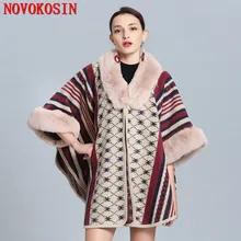 2019 Winter Warm Plus Size Knitted Short Sleeves Striped Poncho Print Fur Collar Shawl Women Faux Fox Fur Loose Cardigan Coat 2019 Winter Warm Plus Size Knitted Short Sleeves Striped Poncho Print Fur Collar Shawl Women Faux Fox Fur Loose Cardigan Coat