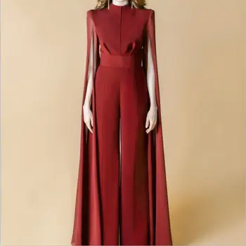 

New Women Chiffon Jumpsuits Wine Red Black Straight Ruffless Evening Club Party Slim Rompers Playsuits Fashion Full Length Pants