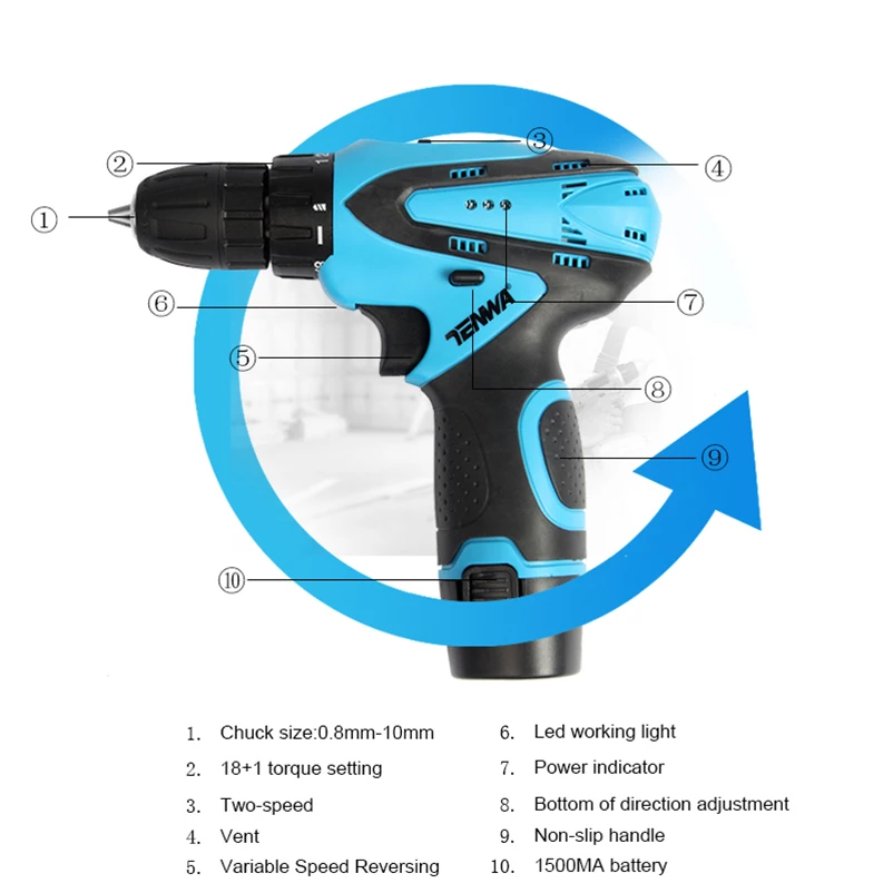 12 В Беспроводная отвертка двухскоростная Регулируемая Аккумуляторная дрель домашняя многофункциональная аккумуляторная отвертка с зарядным устройством ЕС TENWA