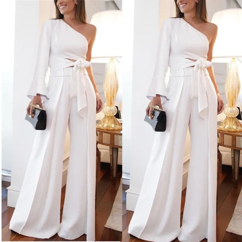 Elegant Office Lady High Waist Jumpsuit Female Casual Sashes Lace Up Wide Legs Rompers Sexy One Shoulder Long Sleeve Slim Party Elegant Office Lady High Waist Jumpsuit Female Casual Sashes Lace Up Wide Legs Rompers Sexy One Shoulder Long Sleeve Slim Party