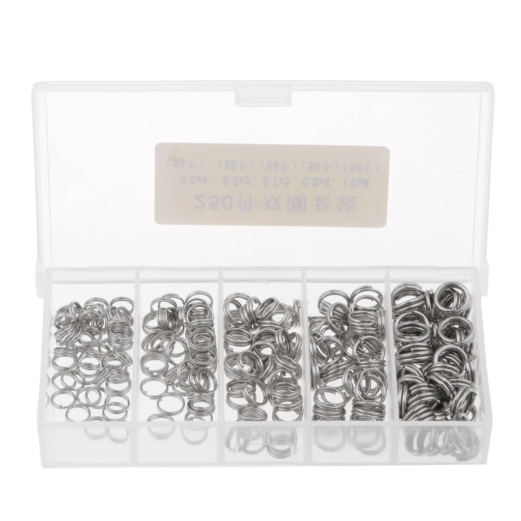 250pcs Assorted Double Split Rings Set Stainless Steel Fishing Tackle Lure Connector with Tackle Box Senuelos de pesca