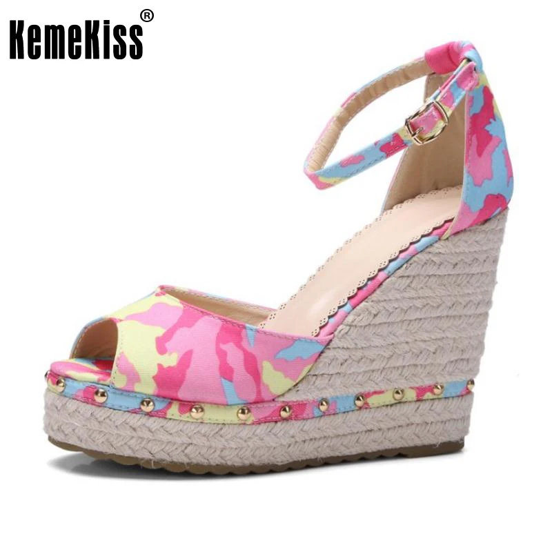 

KemeKiss Ladies High Wedges Sandals Ankel Strap Print Summer Shoes Women Platform Sandal Sexy Beach Female Footwear Size 34-39