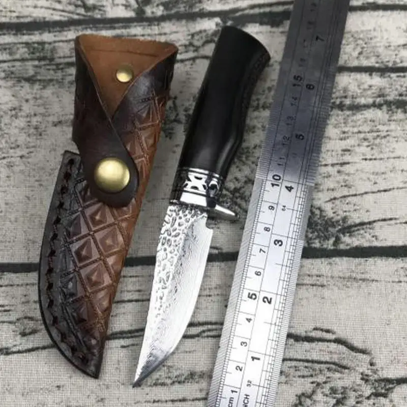 TRSKT Damascus Hunting Knife Survival Camping Knives , 60Hrc Steel + Ebony Handle Rescue Outdoor knife with Leather sheath