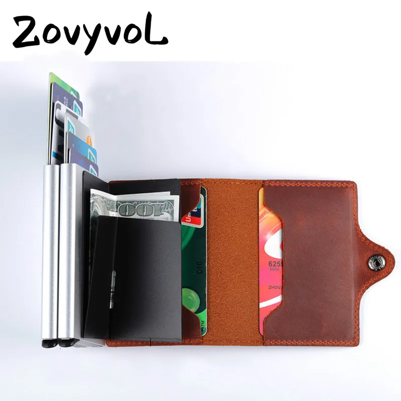 

ZOVYVOL Business Aluminum Credit Card Holder Metal Purse RFID Crazy Horse Leather Mini Wallet Security Information Double Box