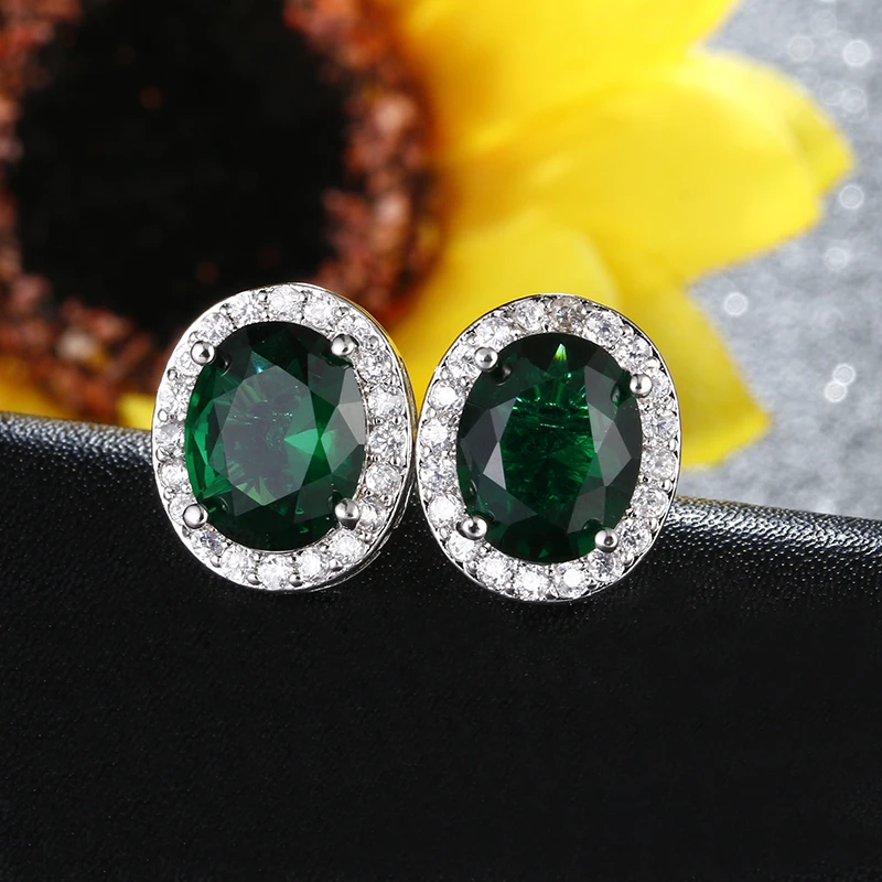 Классические серьги-гвоздики с зеленым камнем овальной формы с кристаллами для женщин с синими круглыми фианитами ААА серьги для девушек модные ювелирные изделия AE356