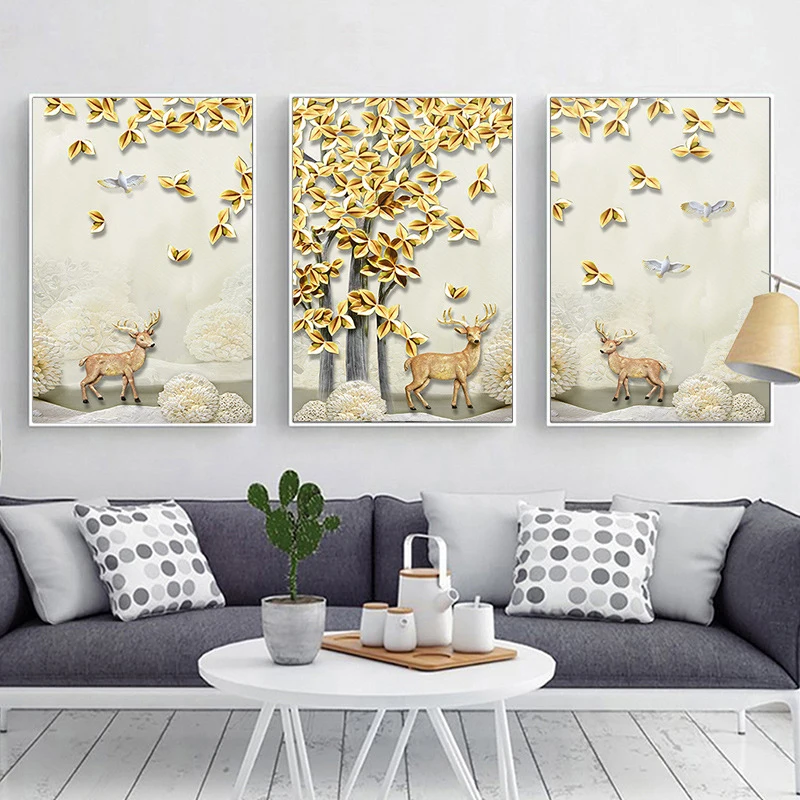

HAOCHU Nordic Deer Forest Landscape Relief Effect Canvas Painting Abstract Wall Poster Modular Picture For Living Room Decor