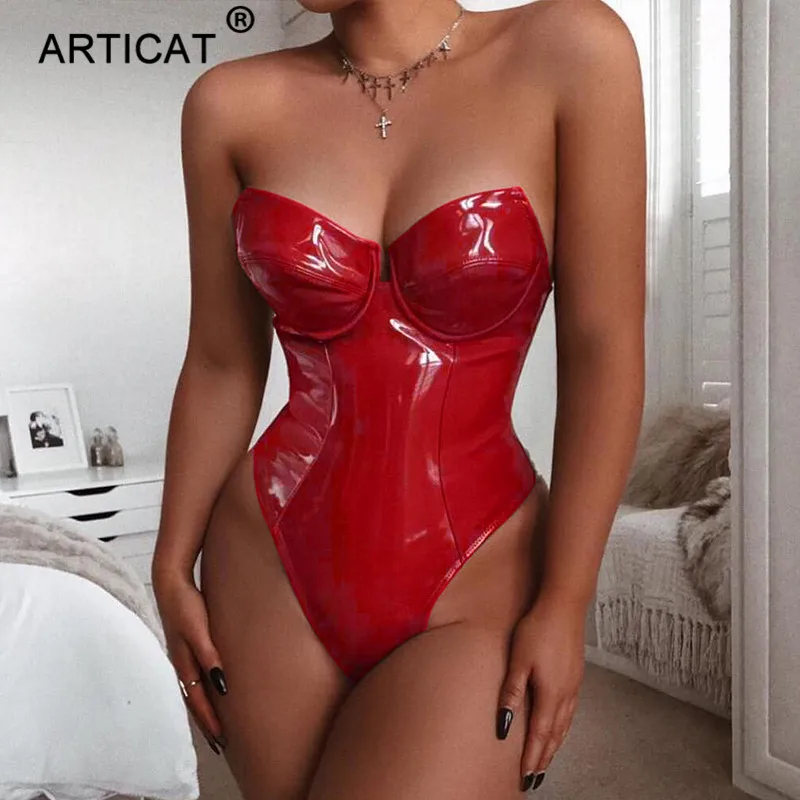 Preise Articat Off Schulter PU Leder Sexy Body Frauen Tops Schwarz Backless Bodycon Strampler Frauen Overall 2019 Party Club Overalls
