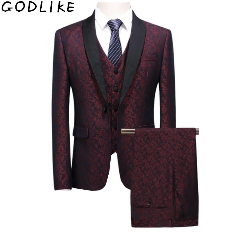

2019 Groom Tuxedos Red Flowers Print Mens Slim Fit Suit Set Prom Wedding Suits Best Male Pattern Blazer (Jacket+Pants+Vest)