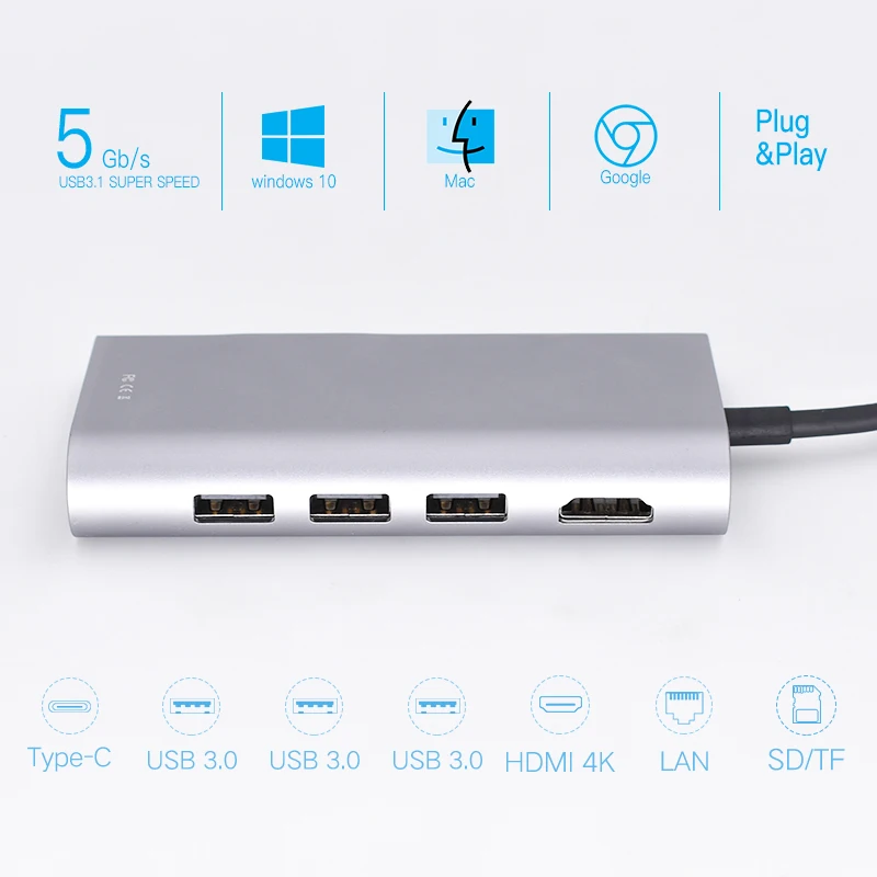 USB C адаптер Тип C многопортовый адаптер HDMI выход гигабитный Ethernet SD + Micro SD карты порты 3 usb порта для MacBook Pro samsung