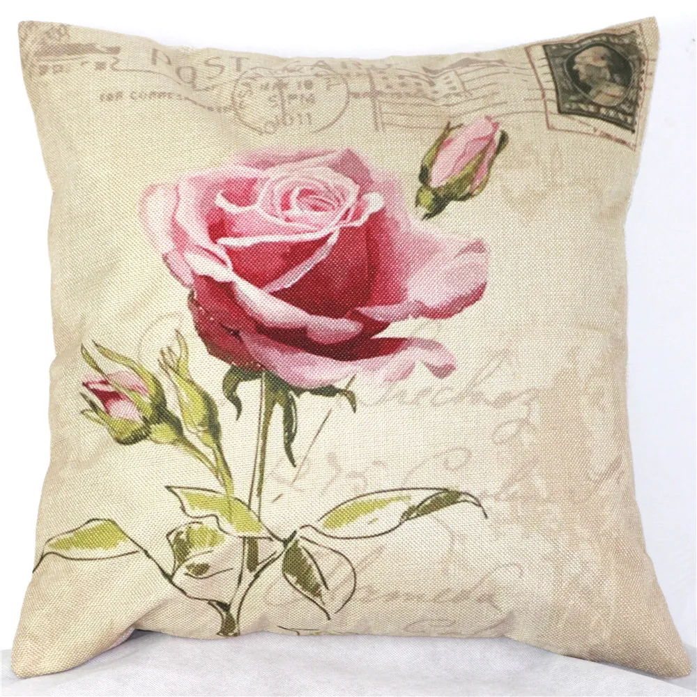 DAINCHOUL Fashion Pink Rose Cushion Cover Cotton Linen Home Decor Sofa