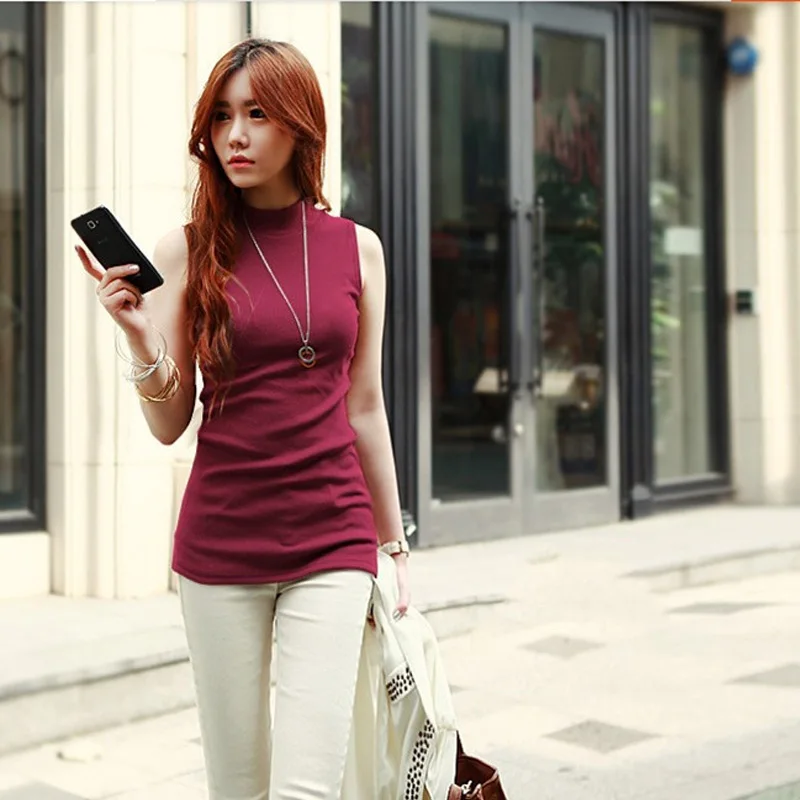 Женская модная Однотонная футболка без рукавов женские осенне-зимние топы футболки хлопок водолазка футболка женская 10 цветов - Цвет: Burgundy