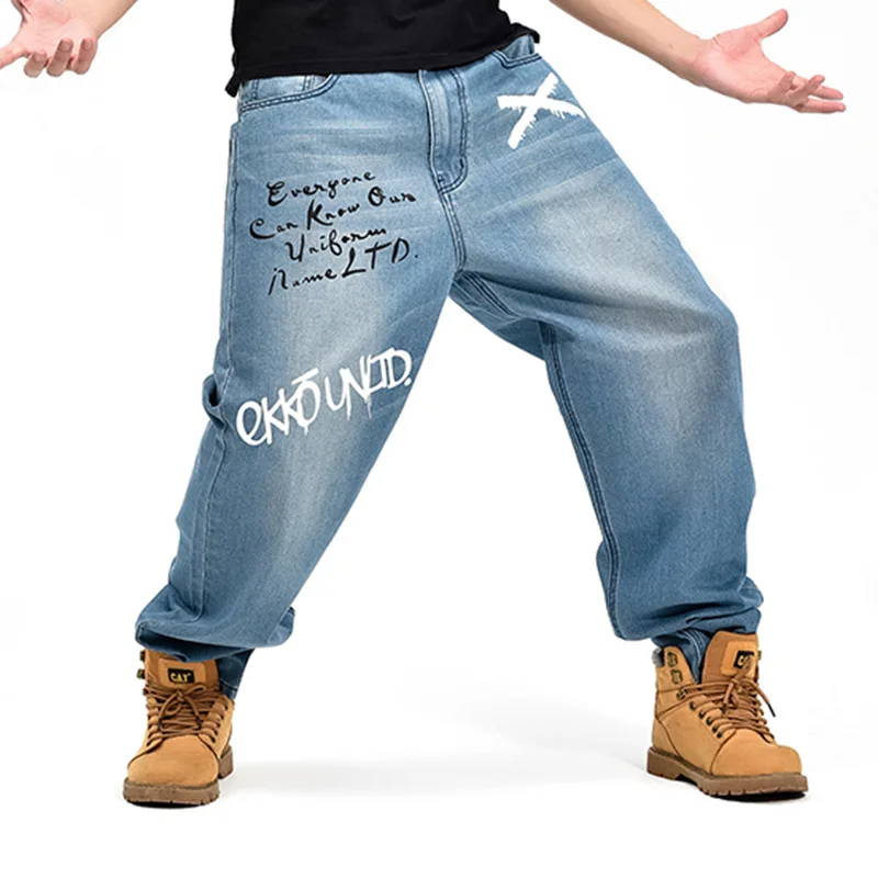 Осень зима свободные большие мужские большие размеры хип хоп танцор Паркур мешковатые джинсы Уличная мода синие джинсовые брюки мужские уличная одежда