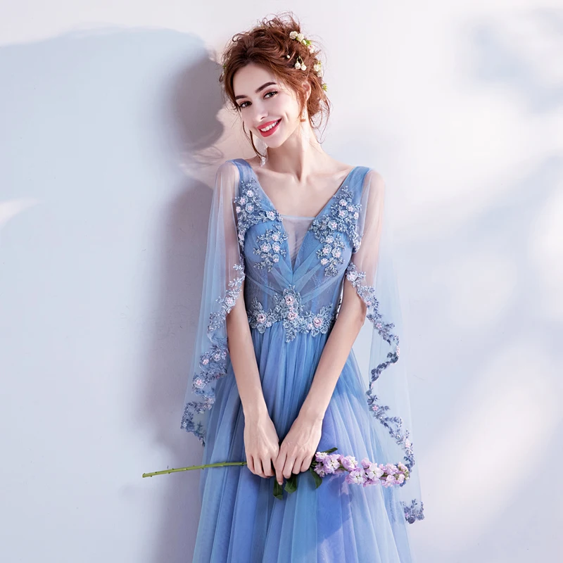 Vestido De Festa Blue Tulle With Appliques Evening Dresses Long Dress Prom Party Gowns 2019 Robe De Soiree V-Neck Evening Dress