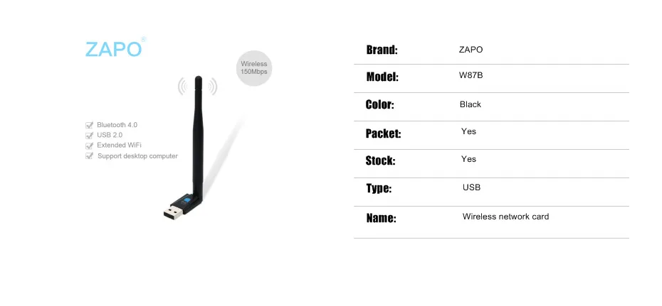 ZAPO Brand Bluetooth 4.0 Wireless Usb 802.11n WIFI Добавить 150 Мбит / с Адаптер 5dbi Антенна Сетевая карта для WIndows Linux Android системы