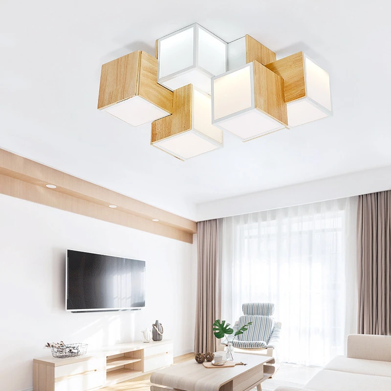 Индивидуальная креативная лампа для гостиной, спальни, квадратная Геометрическая японская деревянная лампа с присоской на крышу