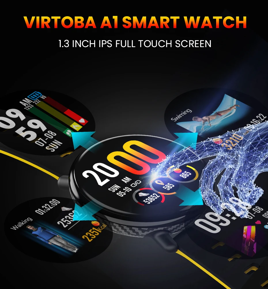 Virtoba A1 Bluetooth Smart Watch Men Women Full Touch Screen Activity Fitness Tracker Heart Rate Monitor 3D UI Smartwatch NEW 1
