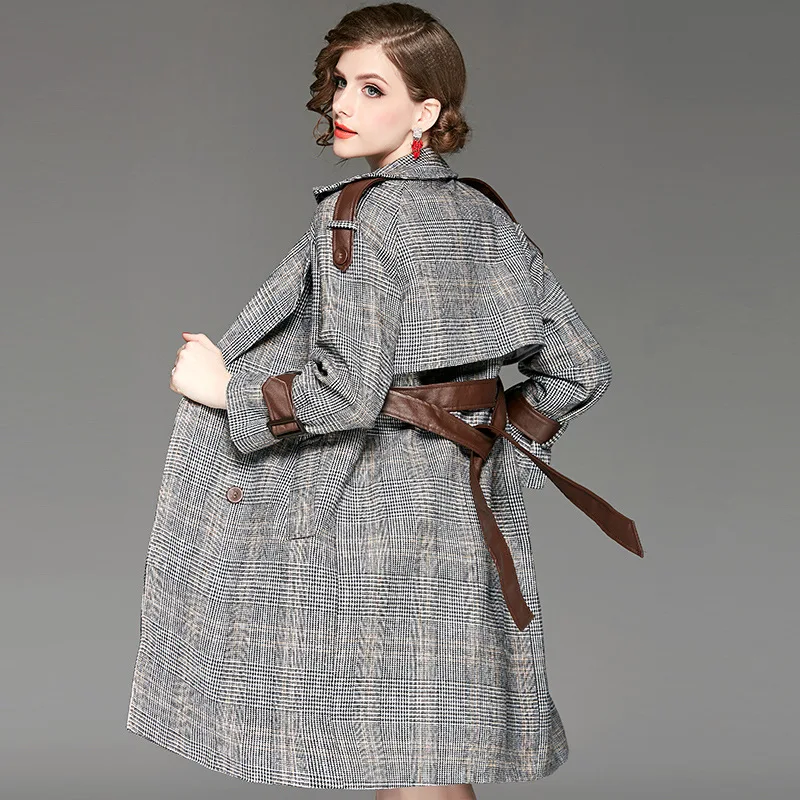 Automne Tranchée D'hiver Plaid Manteau Survêtement Gris De Boutonnage Mode Laine Vintage Mélangée 2018 Femmes Double Long FYxqdFa