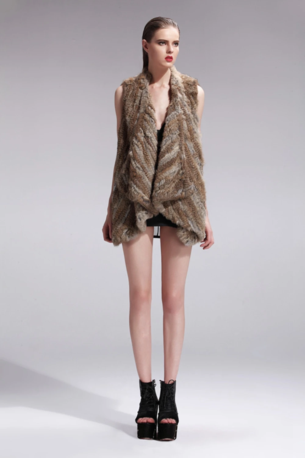 ZY88010 Classic Lady Genuine Knitted Winter Women Rabbit Fur Turn-Down Fur Vest Fur Waistcoat Gilet Outwear long duvet coat