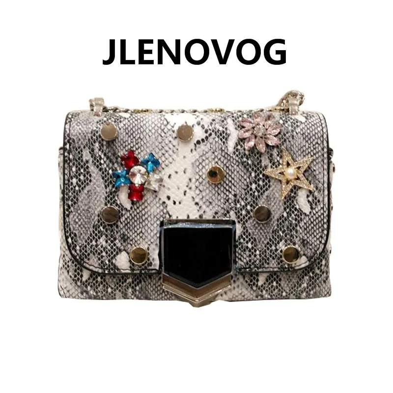

One-shoulder diagonal portable outdoor travel spring new tide female snakeskin pattern rhinestone rivet carrying case