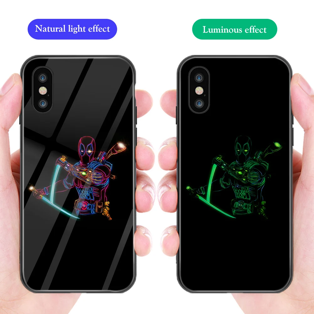 

Luxury Phone Case for iphone 11 Pro Max XS Max XR X Marvel Deadpool Iron Man Luminous Glass Cover for iphone 7 6 8 6S Plus Funda