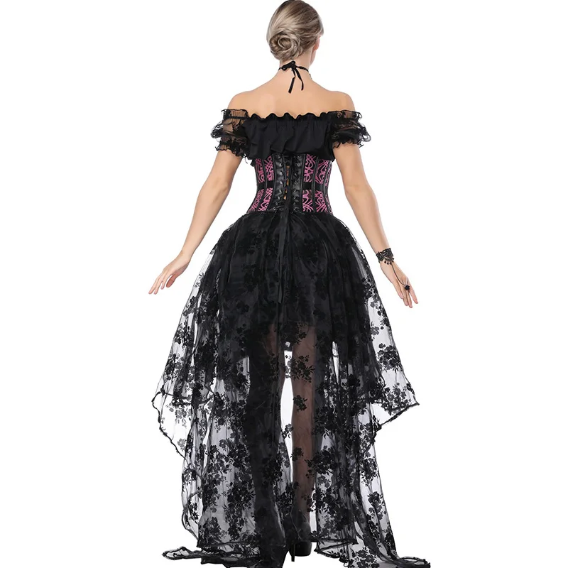 Women Sexy Gothic Victorian Steampunk Corset Dress Leather Overbust Corsets And Bustiers Lace Black Wedding Party Corset Dress (6)