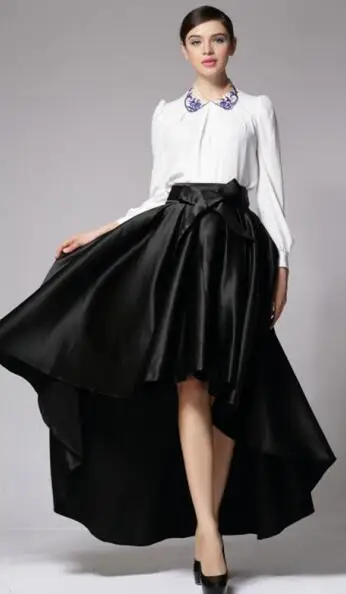 Длинные атласные юбки для женщин плюс Размер 5XL осенние винтажные Hi Low Асимметричные с бантом на поясе вечерние макси юбка Лидер продаж плиссированная юбка - Цвет: Черный