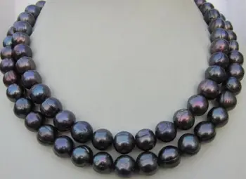 

2 ROW 11-12MM NATURAL BLACK PEARL NECKLACE YELLOW CLASP 17-18 INCH