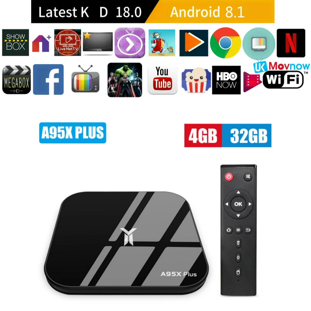 

A95X Plus TV Box Android 8.1 Amlogic S905 Y2 4GB DDR4 32GB ROM 2.4G 5G WiFi USB3.0 BT4.2 Support 4K H.265 Smart Media Player