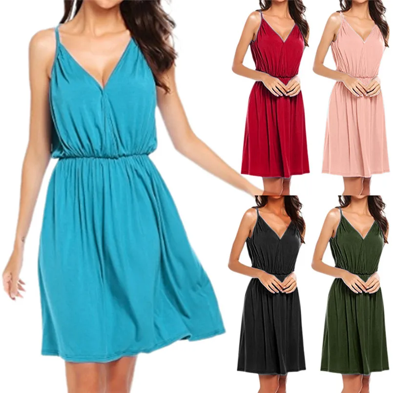 2019 Women Casual Loose Solid Color Sleeveless Empire Oversized V Neck Dress New Arrival vestidos | Женская одежда