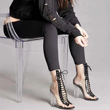 Baibeiqi Femmes Pompes Cheville Bottes PVC Clair Bloc À Talons Hauts Transparent Gladiateur Sandales Haute Top Bootie Plexiglas Peep Toe Chaussures