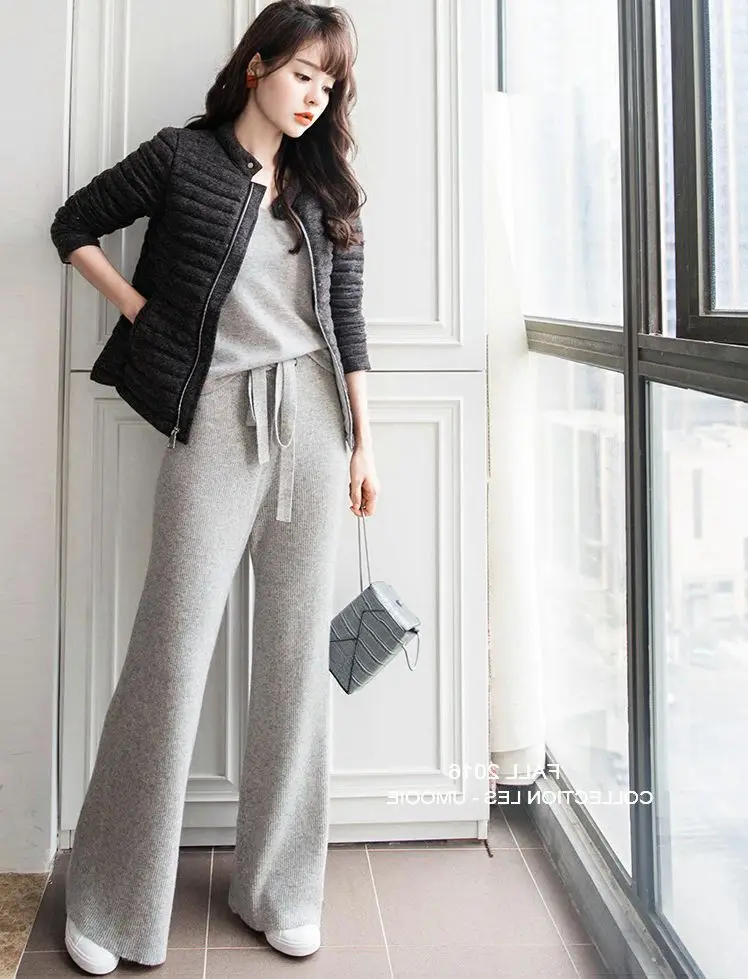 Women Pants 2020 New Winter Soft Waxy Comfortable High-Waist Cashmere Knitted Trousers Female Solid Color Casual Wide Leg Pants