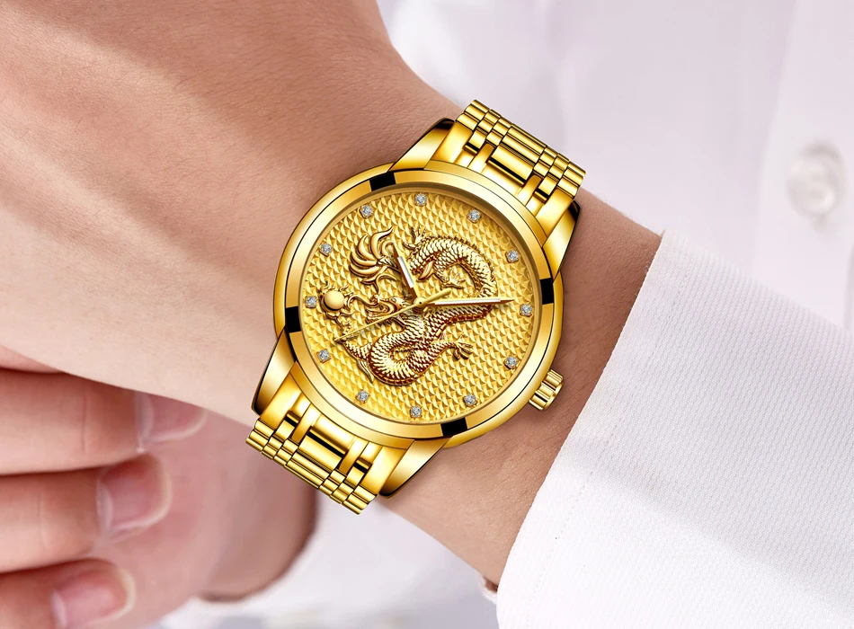 2021 LIGE New Golden Mens Watches Top Brand Luxury Chinese Dragon Watch Business Full Steel Quartz Clock Male Relogio Masculino