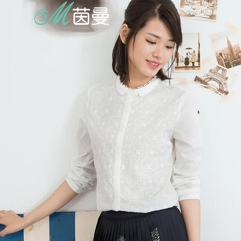 INMAN Women Tops and Delicate Embroidered Ladies Blouse Stand Collar Cotton Shirt Long Sleeves Whit