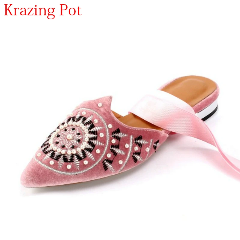

Fashion Velvet Embroider Pointed Toe Shallow Ankle Strap Lace Up Ballet Flats Bead Gladiator Slingback Mules Summer Shoes L87