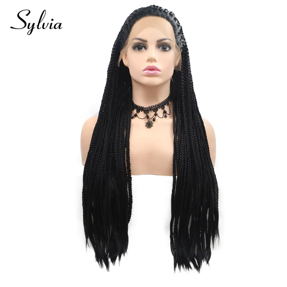 

Sylvia 1b Black Braided Box Braids Synthetic Lace Front Wigs Natural Black Big Braiding Heat Resistant Fiber Hair for Woman