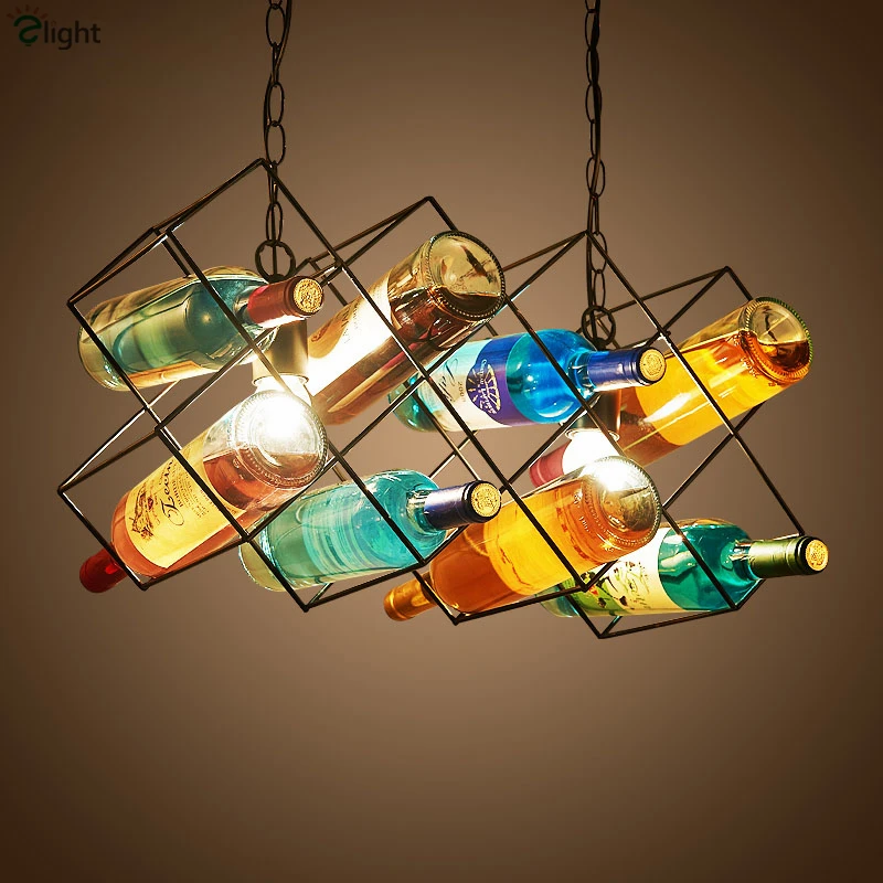 

American Industrial Vintage Colorful Wine Bottles Led Chain Pendant Light Paint Wine Shelf Led E27 Pendant Light