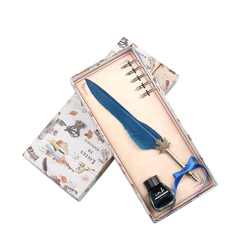 

12 Colors Creative Crafts Feather Pen +Ink Set Vintage Feather Fountain Pen Gift Box 2018 New Metal Pen Office Supplies 6 Nibs