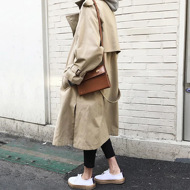 Korean Style Side Split Women's Trench Coat Autumn Winter Double Breasted Khaki Sahses Loose Trench Overcoat Windbreaker