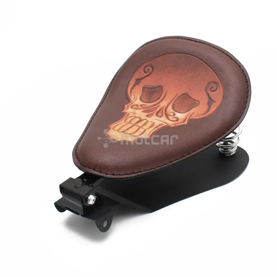 

Motorcycle Retro Leather Skull Logo Solo Saddle Seat Benches + 3" Silver Spring Bracket Mounting Base Universal For Honda Yamaha