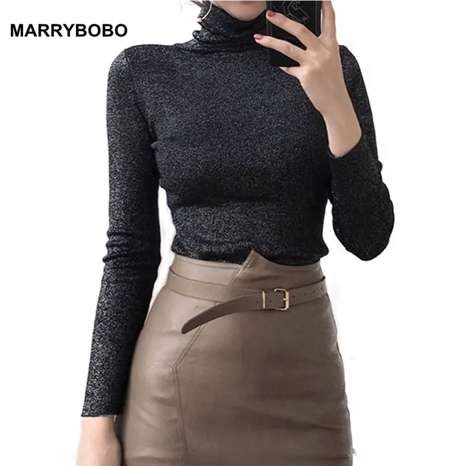 

New Autumn Winter Sweater 2018 Shiny Lurex Knitted Sweaters Slim Sexy Female Turtleneck Pullovers Korean Long Sleeve Ladies Tops
