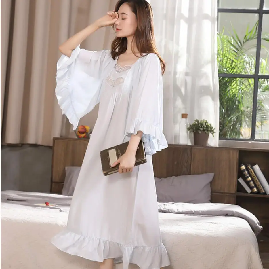 New Pregnant Women Long Night Dress Nightdress Ruffle Sleeve Maternity Shirt Elegant Vintage Shirts Home Dress Pajamas - Цвет: Белый