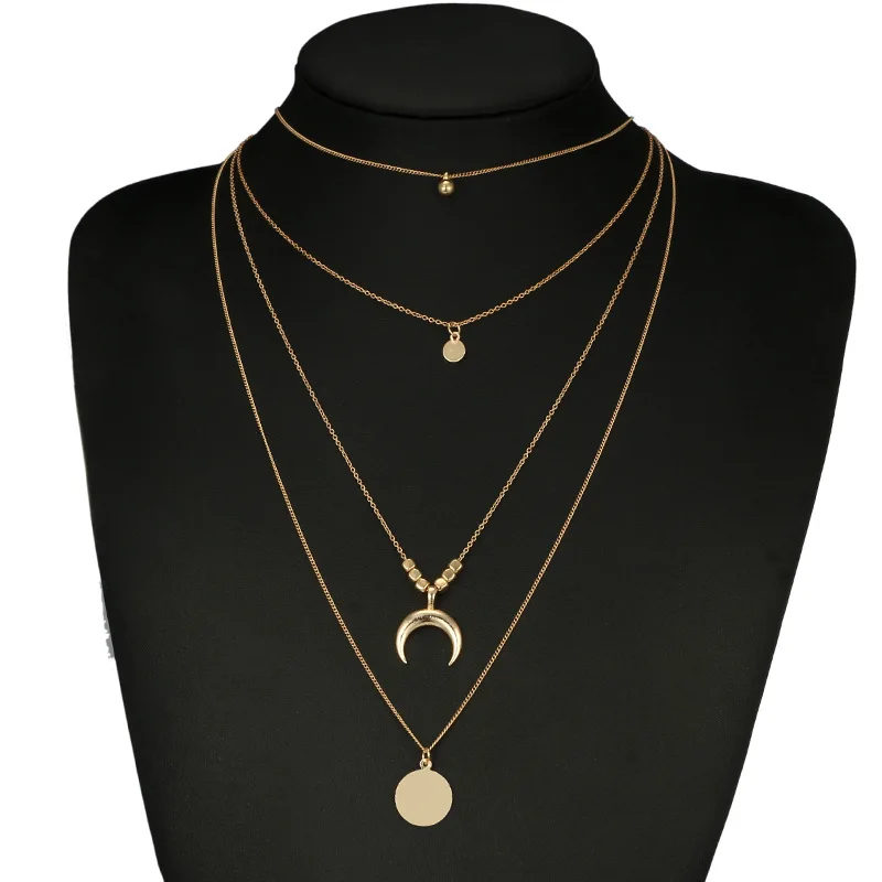 Бохо многослойное полумесяц ожерелье Мода Геометрический круг Монета кулон ожерелье чокер массивное ожерелье s