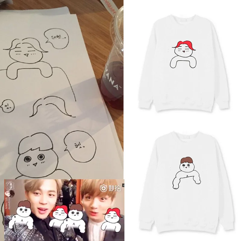 

. KPOP 2019 coat spring autumn Korean version men women Cotton White JIMIN JUNGKOOK Cartoon printing Sweatshirt Loose Lovers