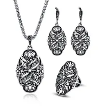 Этнические наборы ювелирных изделий для женщин античный серебряный цвет полностью черные стразы ожерелье с подвеской из кристаллов в виде цветка серьги и кольцо набор