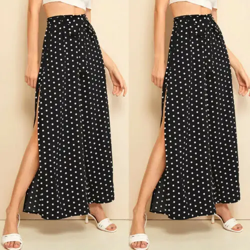 

2019 Summer Beachwear Women Dots Wide Leg High Elastic Waist Summer Crop Pants Loose Culottes Trousers Long Pretty Long Dress