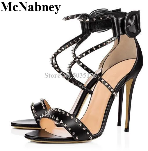 

New Rivet Summer Buckle Cross-tied Stiletto heel sandals Peep Toe Women Sandals High Heel Banquet Shoes Fashion Women's Shoes