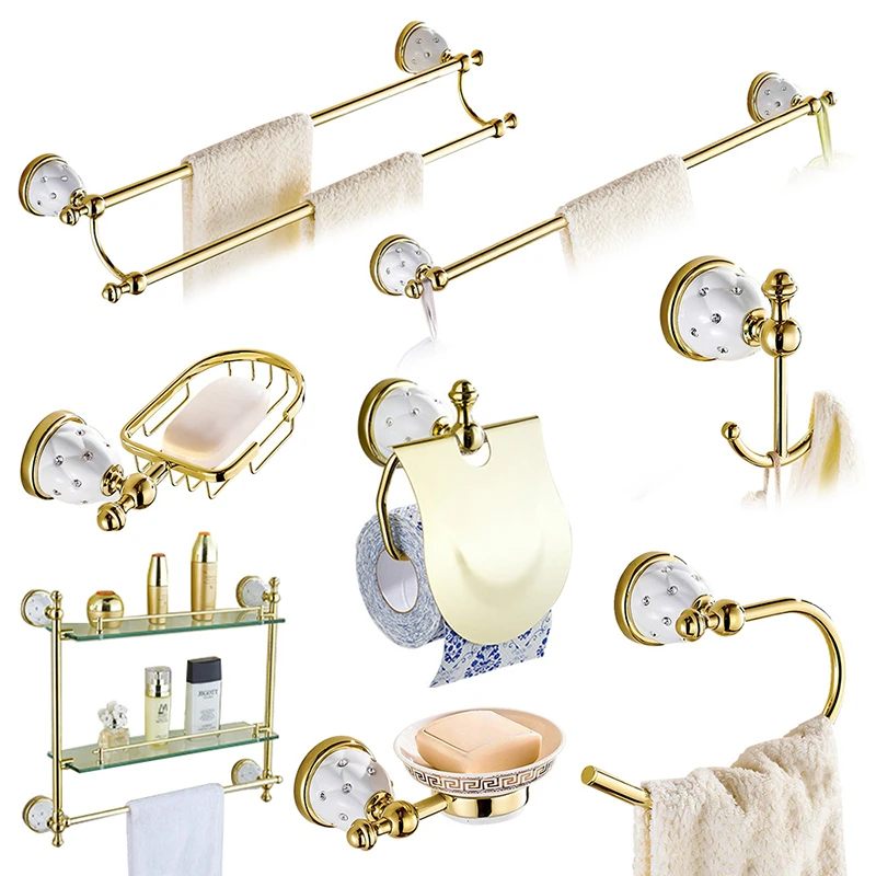 Gold Bathroom Accessories Sets Crystal Brass Hardware Wall Mounted Products | Обустройство дома